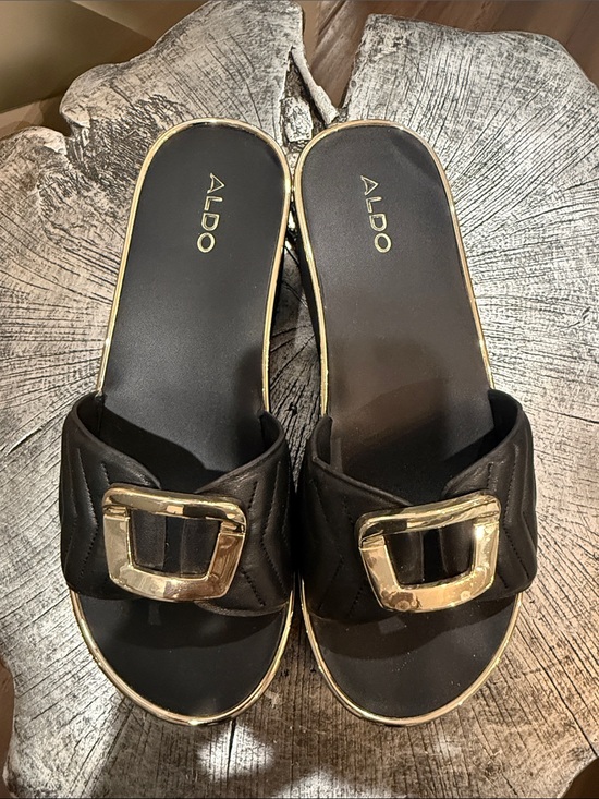 Aldo Shoes - ALDO Black Slide Mules with Gold Buckle Trim size 6